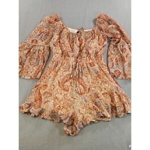 Mi Ami Romper Womens XS Orange Paisley Bell Sleeve Boho Cutout Back Francescas